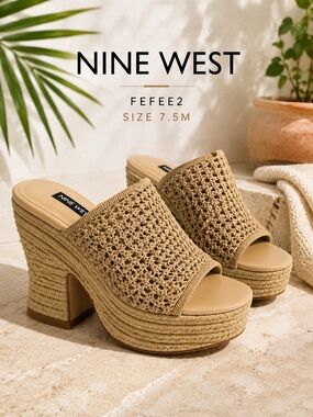Nine West Fefee2 Raffia Platform Mule Heels 7.5 Woven Straw Resort Coastal